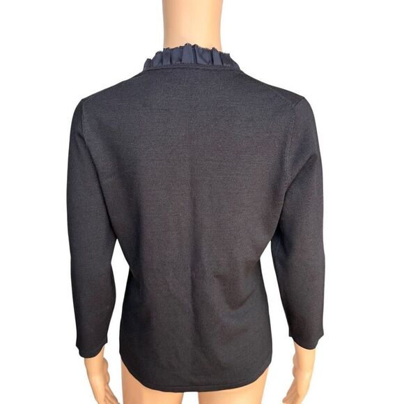 Ann Taylor vintage silk blend shimmery black cardigan hook/eye closure ruffle M - Picture 2 of 7